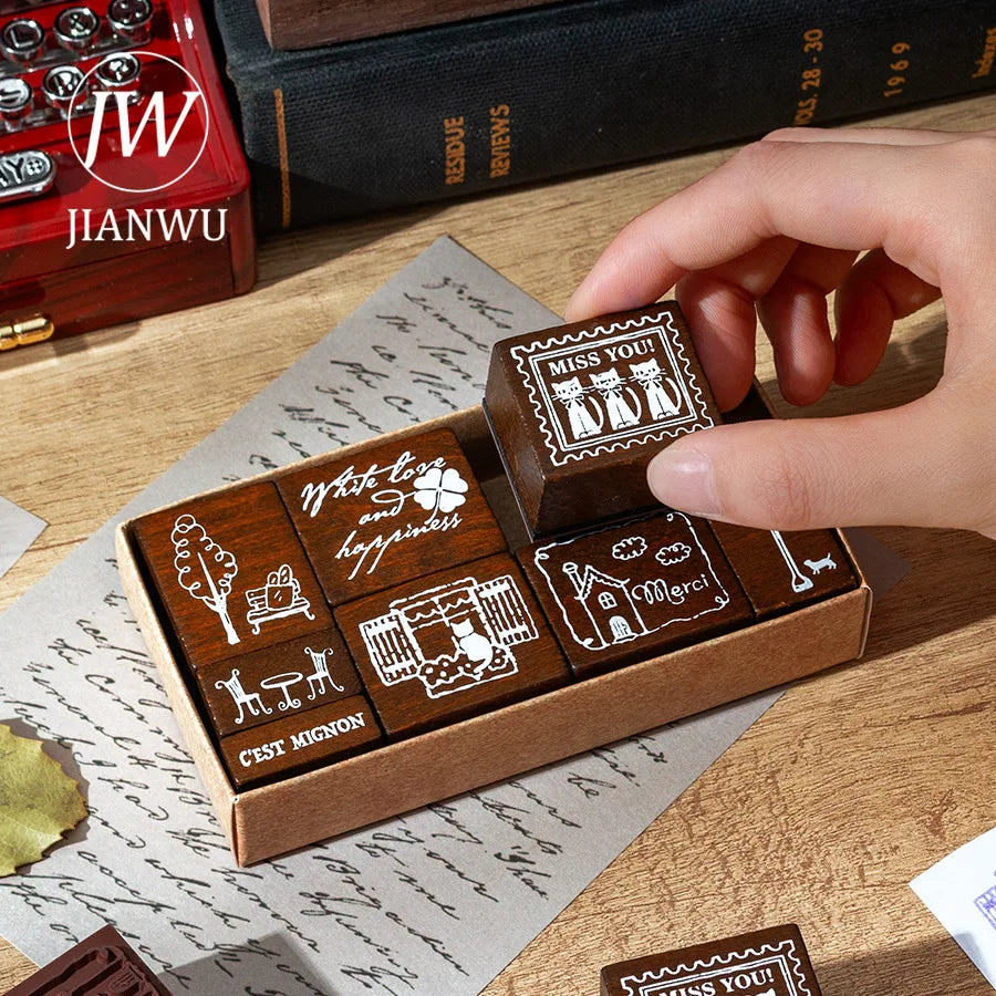 JIANWU French Blessing Series Cute Cat House Landscape Journal Material Wooden Stamp Set Creative Student Supplies Stationery