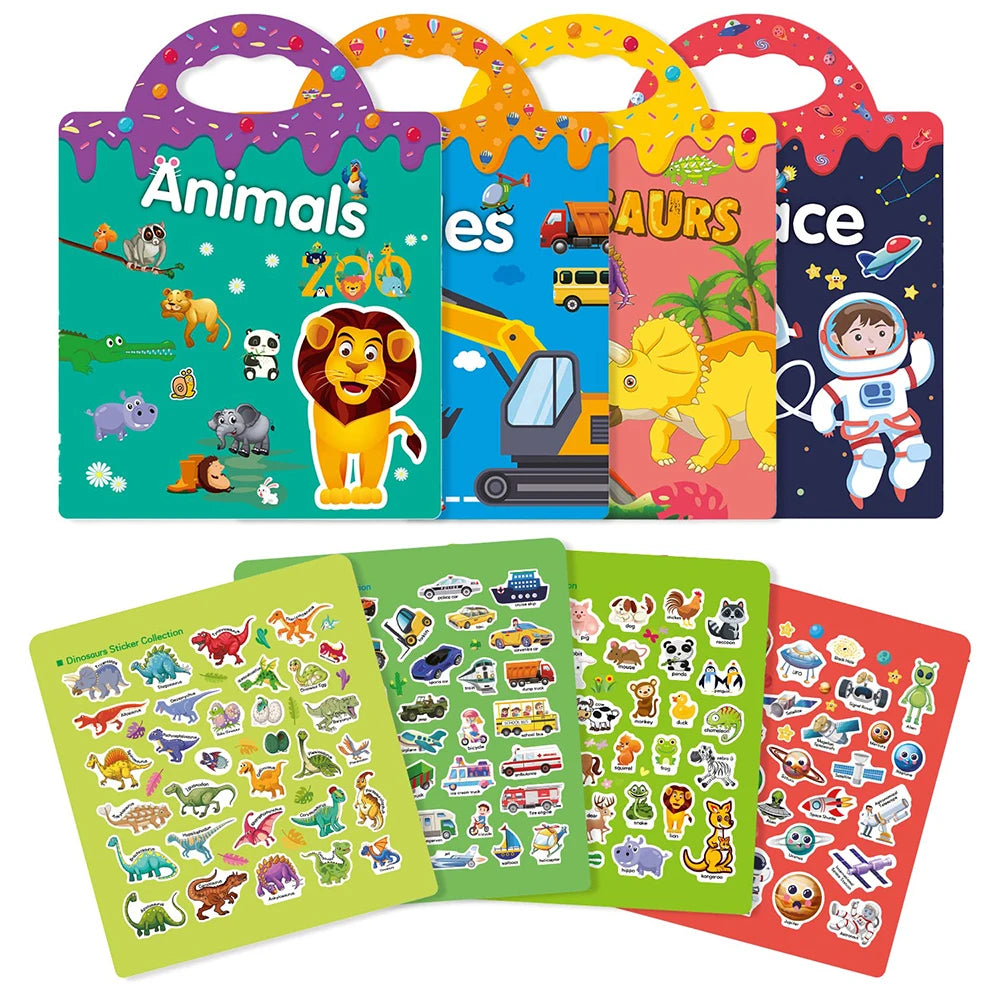 4 Pack Reusable Sticker Books Toys 3D Clear Animal Space Vehicles Dinosaur Sticker Book Educational Learning Toy Birthday Gifts