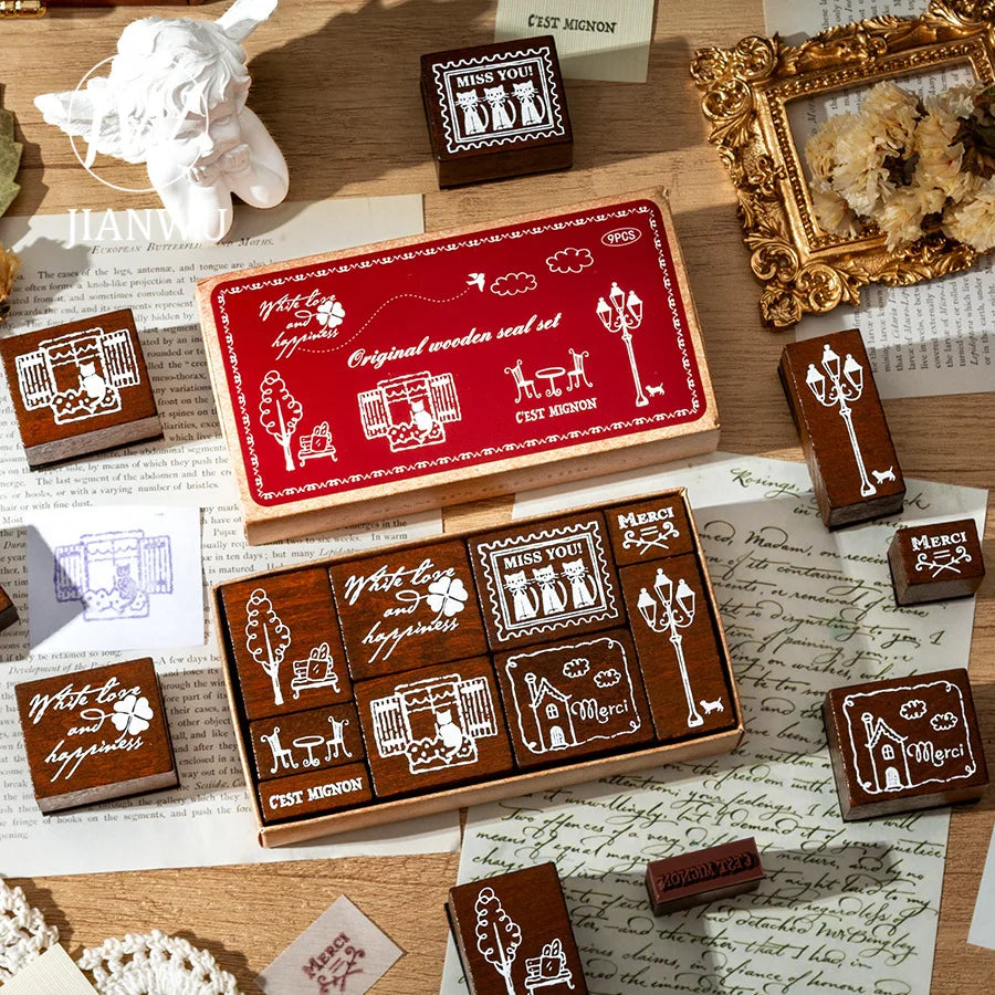 JIANWU French Blessing Series Cute Cat House Landscape Journal Material Wooden Stamp Set Creative Student Supplies Stationery