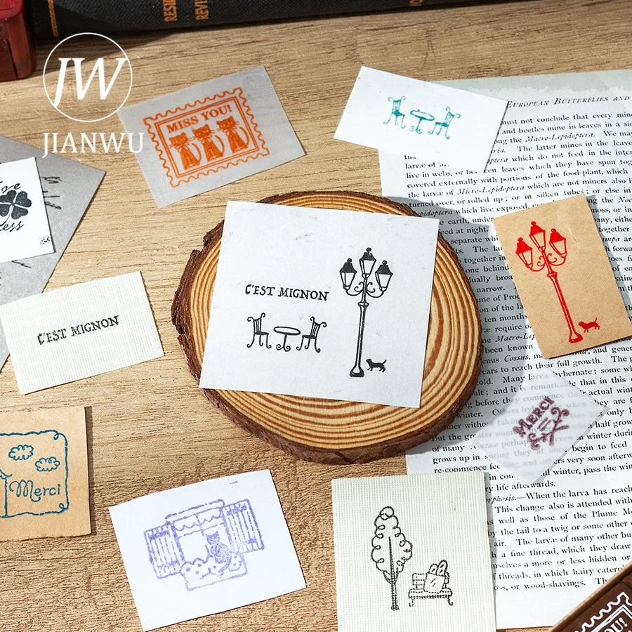 JIANWU French Blessing Series Cute Cat House Landscape Journal Material Wooden Stamp Set Creative Student Supplies Stationery