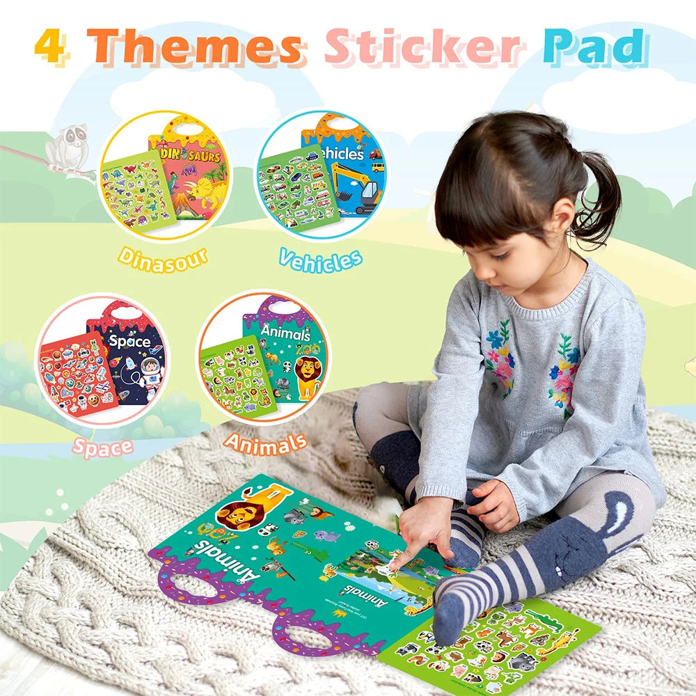 4 Pack Reusable Sticker Books Toys 3D Clear Animal Space Vehicles Dinosaur Sticker Book Educational Learning Toy Birthday Gifts